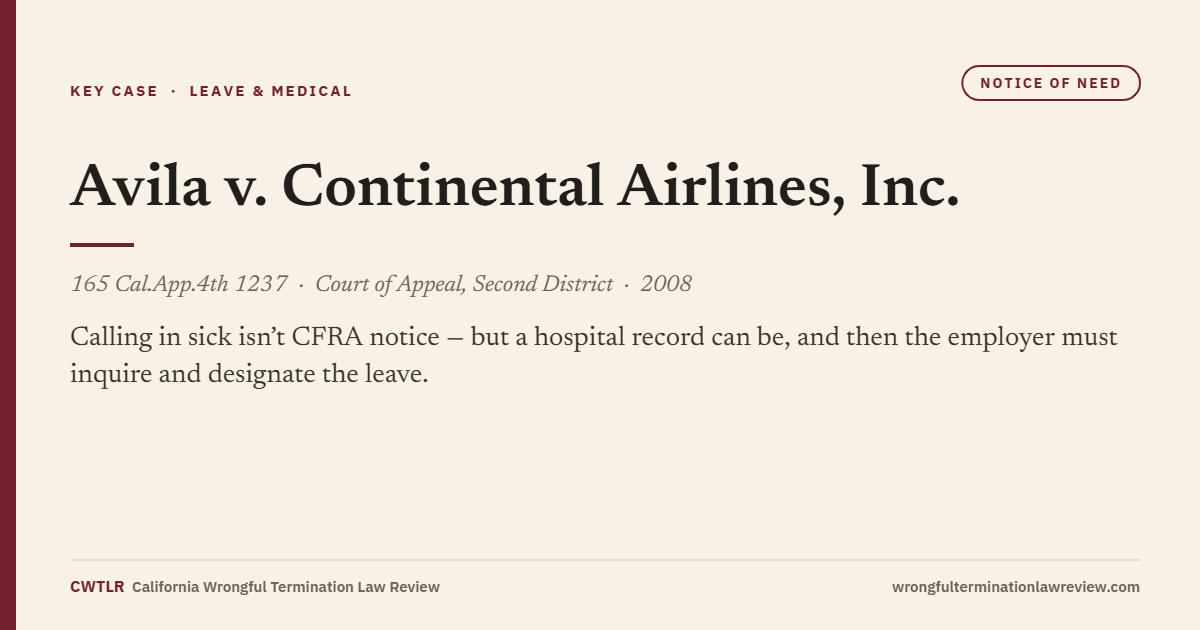 Case card: Avila v. Continental Airlines (2008) 165 Cal.App.4th 1237 — CFRA notice of need for leave