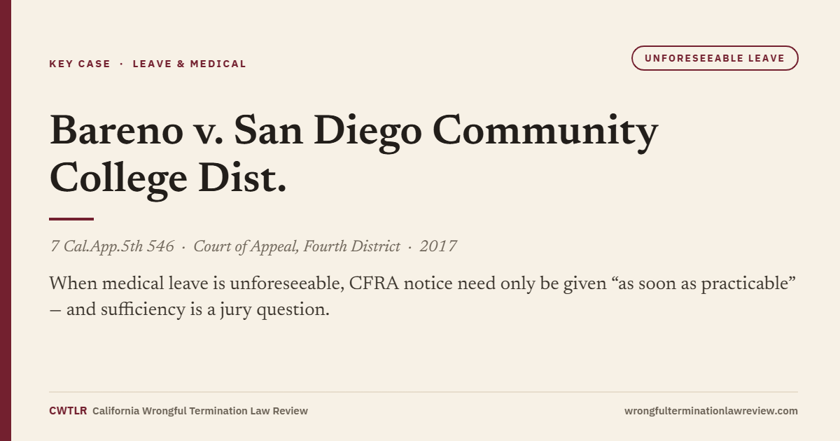 Case card: Bareno v. San Diego Community College Dist. (2017) 7 Cal.App.5th 546 — CFRA unforeseeable leave notice