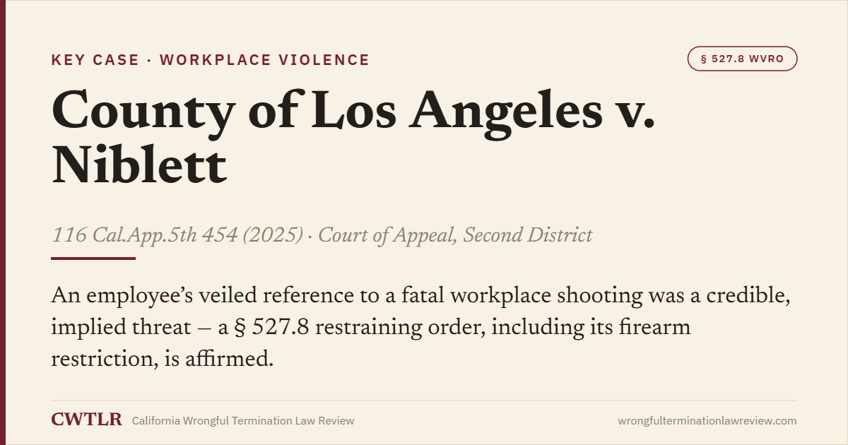 Case card: County of Los Angeles v. Niblett (2025) 116 Cal.App.5th 454 — a veiled reference to a fatal workplace shooting was a credible threat; a section 527.8 restraining order and firearm restriction affirmed.