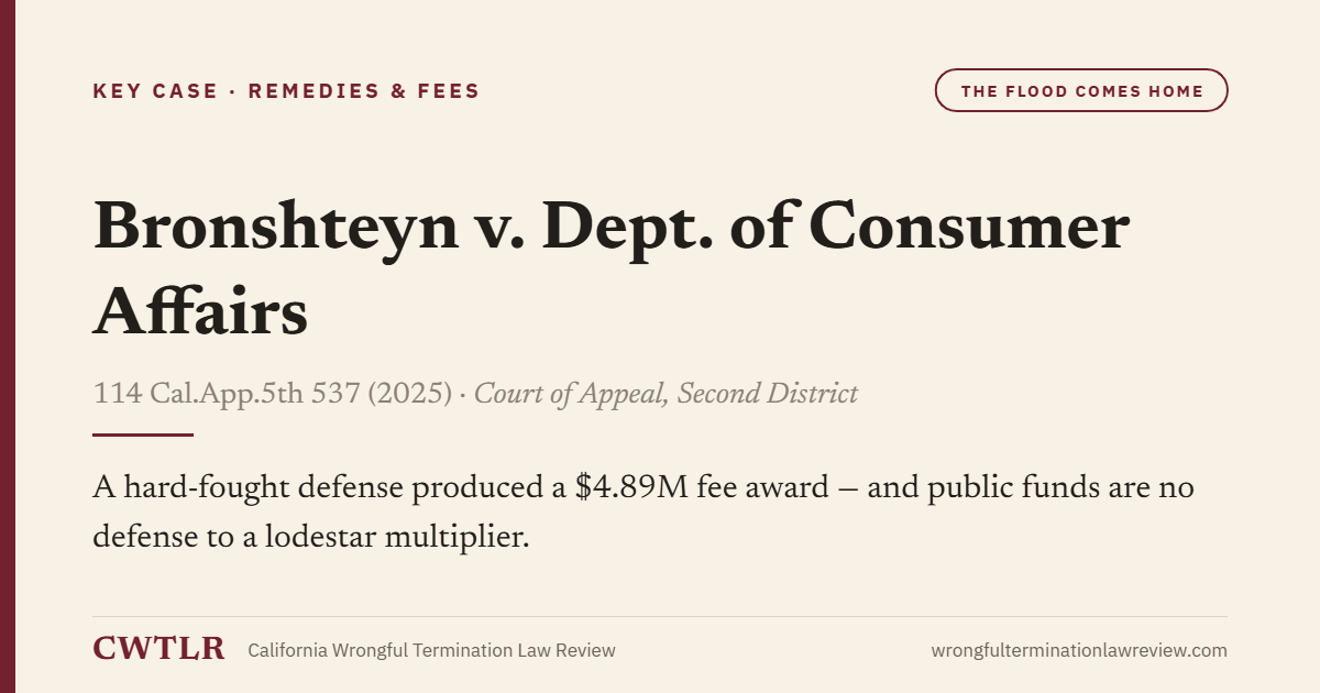 Card: Bronshteyn v. Dept. of Consumer Affairs — A hard-fought defense produced a $4.89M fee award - and public funds are no defense to a lodestar multiplier.