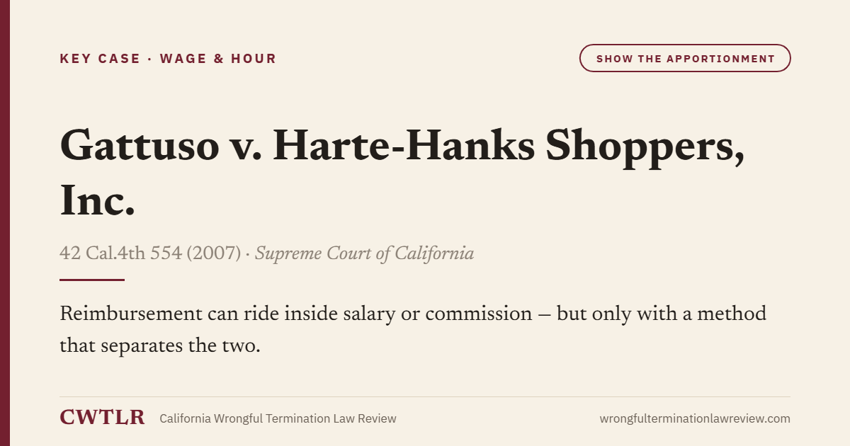 Card: Gattuso v. Harte-Hanks Shoppers, Inc. — Reimbursement can ride inside salary or commission - but only with a method that separates the two.
