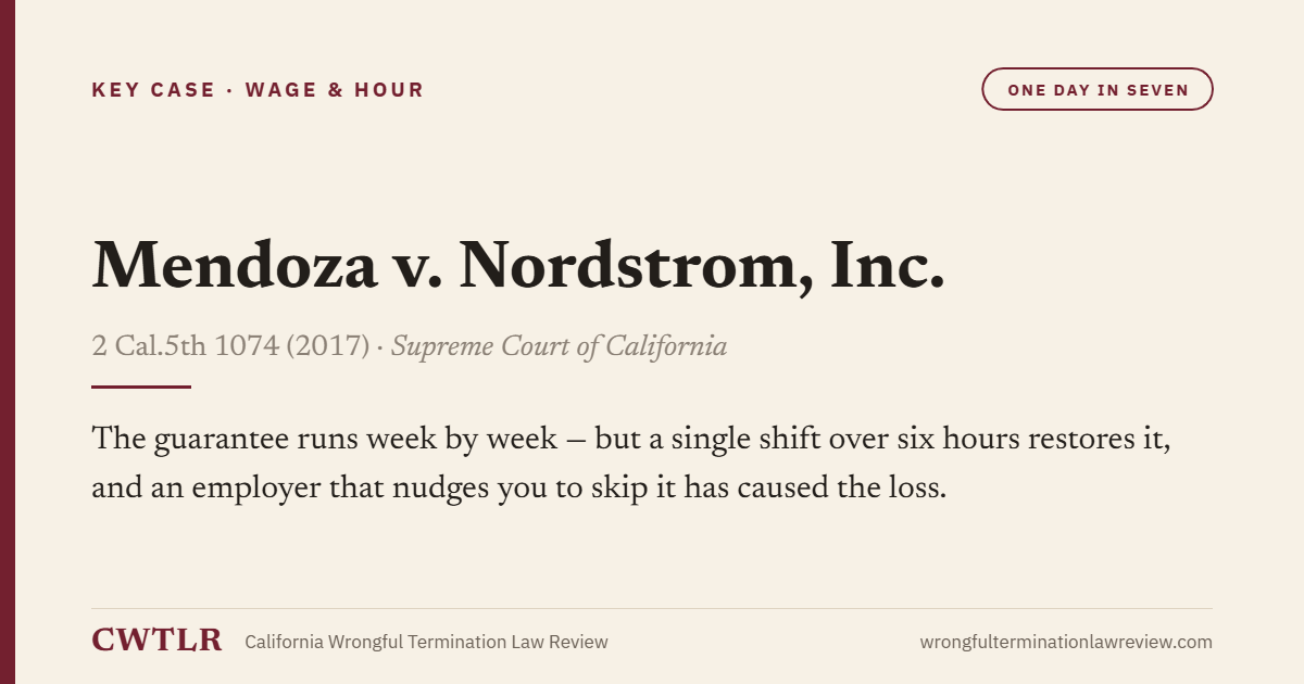Card: Mendoza v. Nordstrom, Inc. — The guarantee runs week by week - but a single shift over six hours restores it, and an employer that nudges you to skip it has caused the loss.