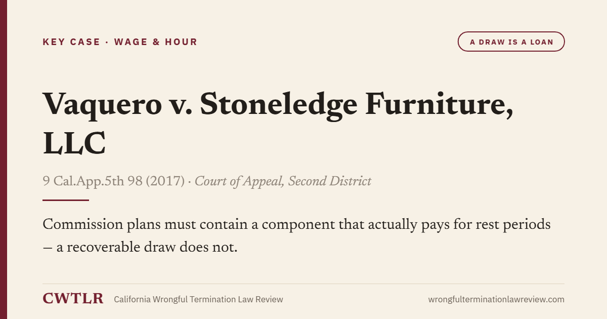 Card: Vaquero v. Stoneledge Furniture, LLC — Commission plans must contain a component that actually pays for rest periods - a recoverable draw does not.